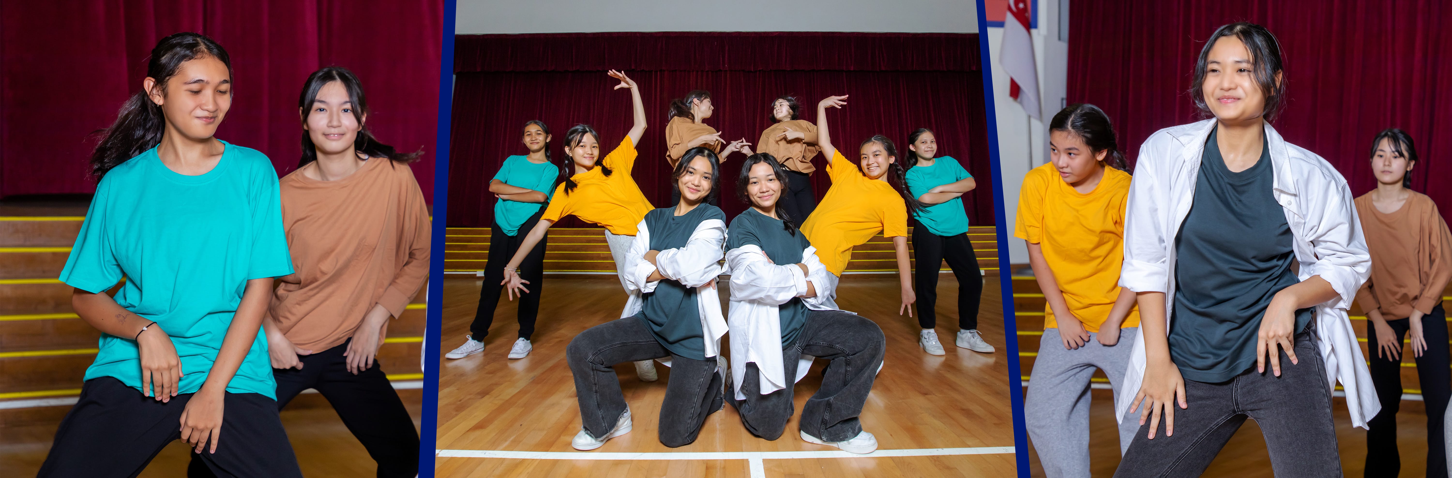 Three panel collage of young students performing dance routines in a school hall with red curtains.
